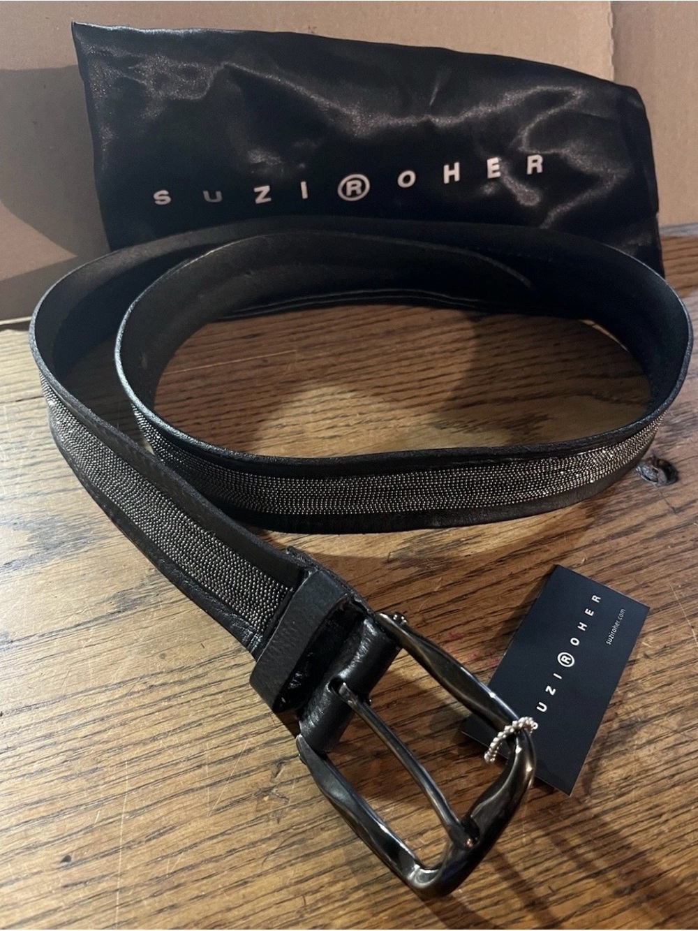 Suzi Roher Black Leather & Metallic-Trim Belt